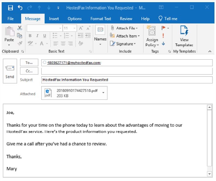 Hosted Fax interface screen for email integration