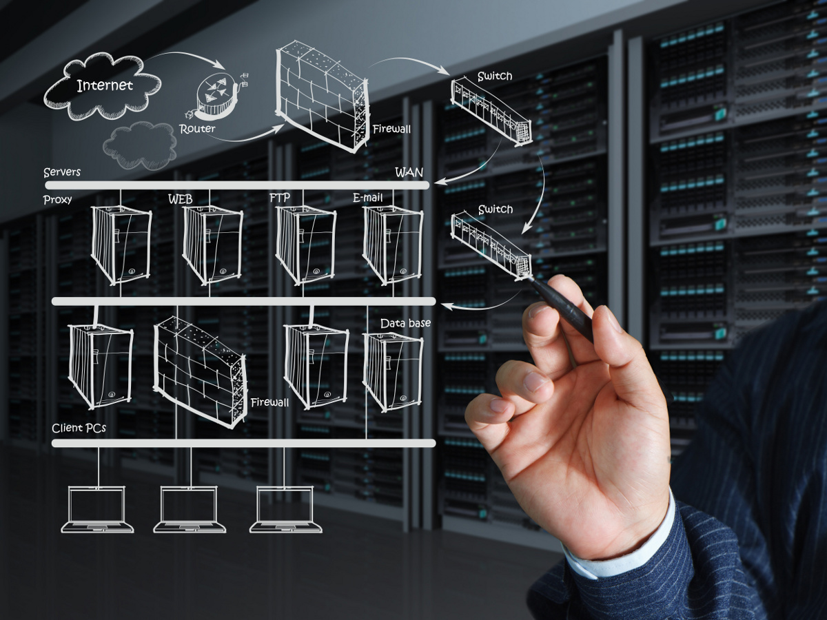 Business Man's Hand Drawing Internet Flow Chart Firewall Security Concept