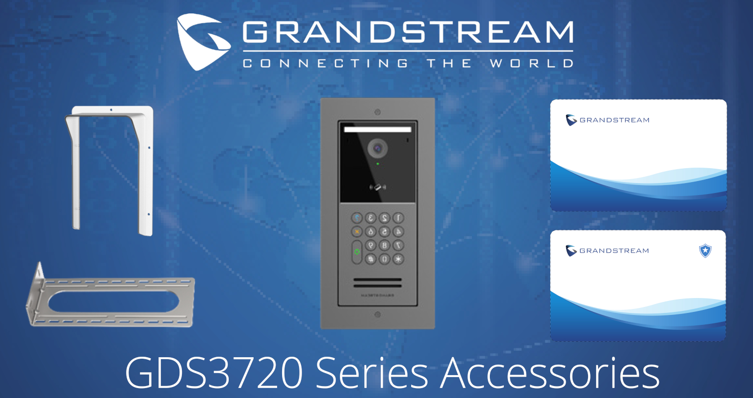Grandstream GDS3720 Series accessories featuring a wall mount bracket, a steel holder, a security intercom device, and two access cards