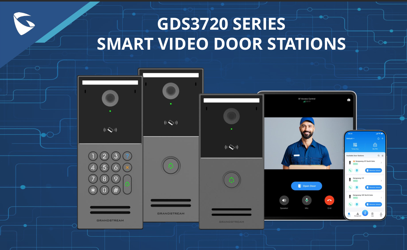 GDS3720 Series Smart Video Door Stations display with three door stations, a tablet showing a person at the door, and a smartphone app interface.
