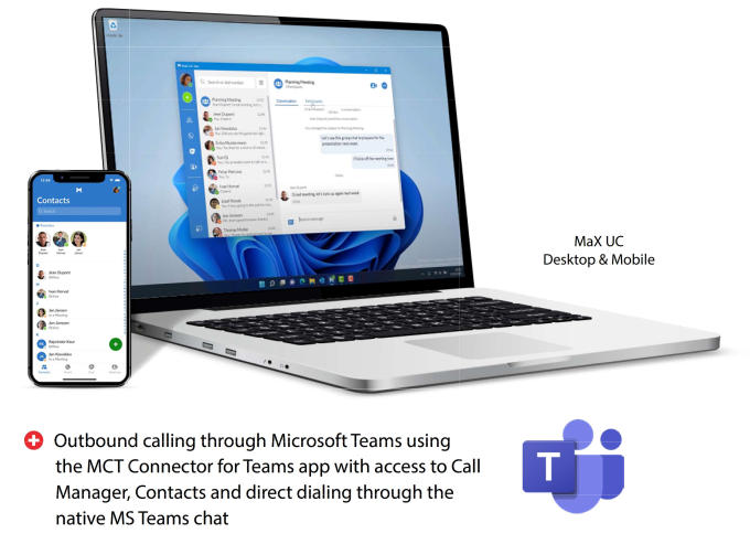 Outboundcalling through Microsoft Teams using the MCT Connector for TEams app with access to Call Manager, Contacts and direct dialing through native MS Teams chat
