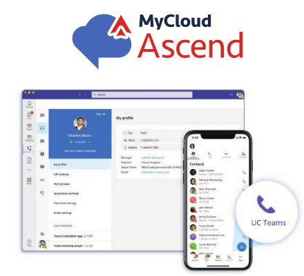 MyCloud Ascend unified communications interface displayed on desktop and mobile devices with Teams integration.
