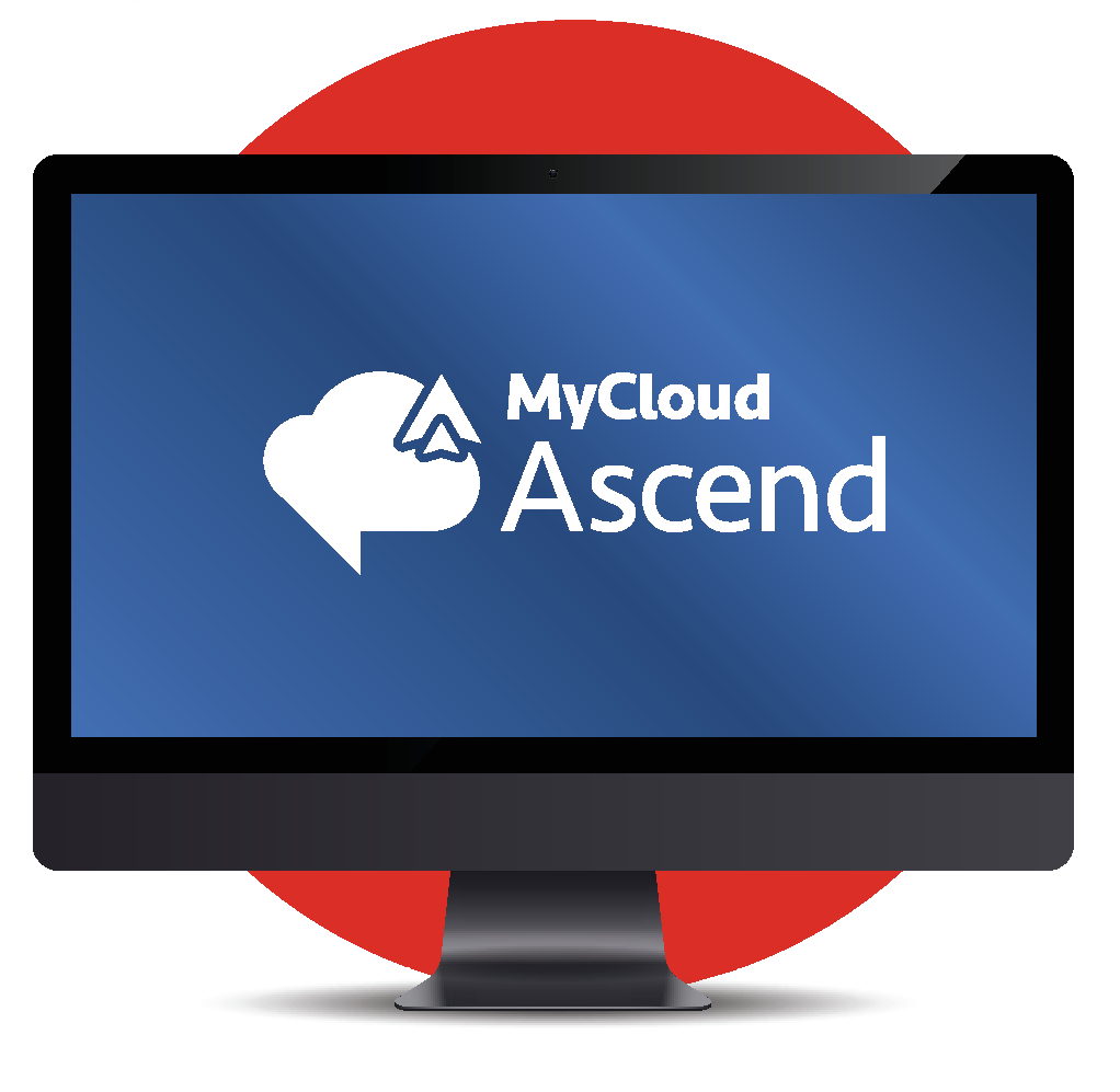 MyCloud Ascend logo displayed on desktop monitor with red accent design.