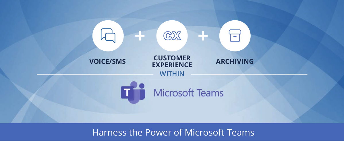 Integration diagram showing Voice/SMS, Customer Experience, and Archiving icons connected within Microsoft Teams ecosystem.