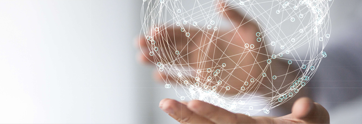 Hands holding up a globe made of connected dots