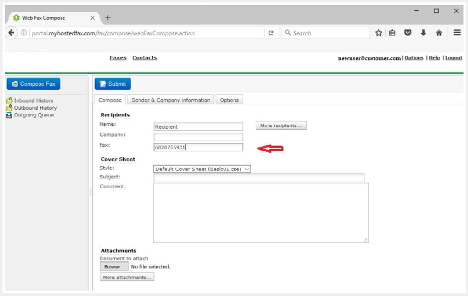 Hosted Fax web portal interface